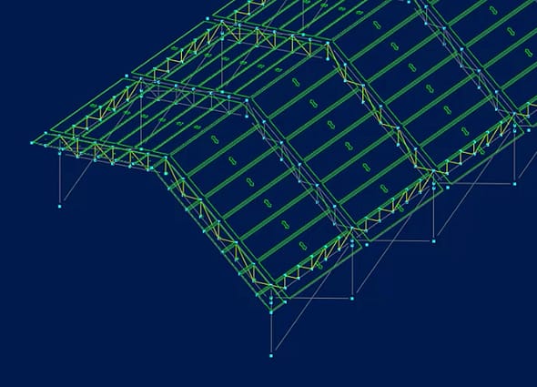 A 3D structural framing model showing wireframe and green outline geometry of a vaulted truss roof structure with support columns in RAM Elements, showcasing structural 3D frame design.