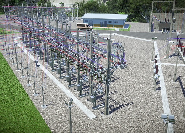 A detailed 3D model of an electrical substation showing all major equipment and structures
