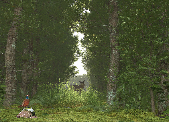 A photorealistic forest clearing environment rendered in e-on software, showing dense oak trees, a pheasant perched on a mossy stone in the foreground, and a deer standing in a grassy path under soft dappled sunlight.