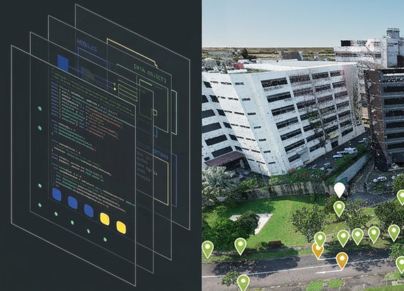 A dual-concept hero image illustrating the iTwin Platform with a technical multi-layered software architecture diagram on the left and a 3D reality mesh of an office building with location pins on the right.