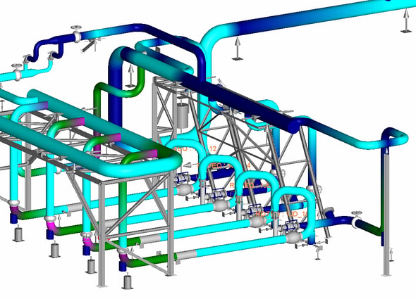 A 3D model of a piping system in AutoPIPE, with stress levels shown in different colors.