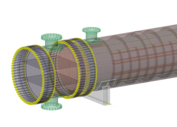 A detailed 3D model of a heat exchanger created in AutoPIPE Vessel for design and analysis.