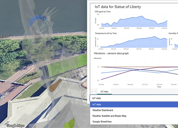 Digital twin integrated with real-time IoT sensor data dashboards using Bentley Enterprise Connection Services.