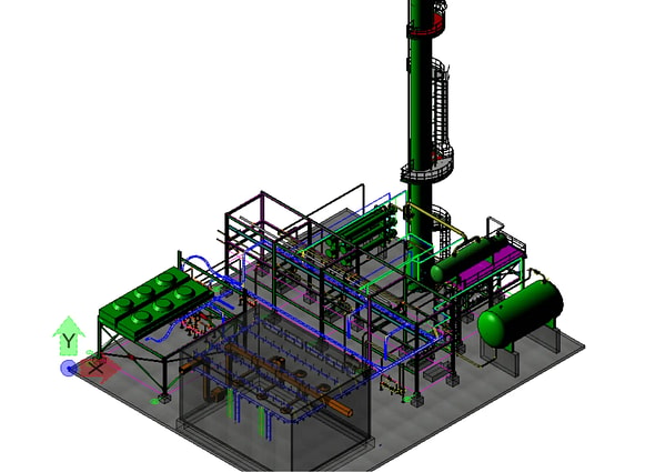 3D model of an industrial plant showing the complete cable raceway system designed with Bentley Raceway and Cable Management.