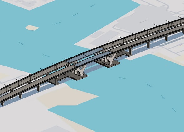 A 3D CAD infrastructure design model of a dual-span concrete highway bridge crossing over blue water, showcasing piers, columns, and road lanes, rendered within Bentley View.