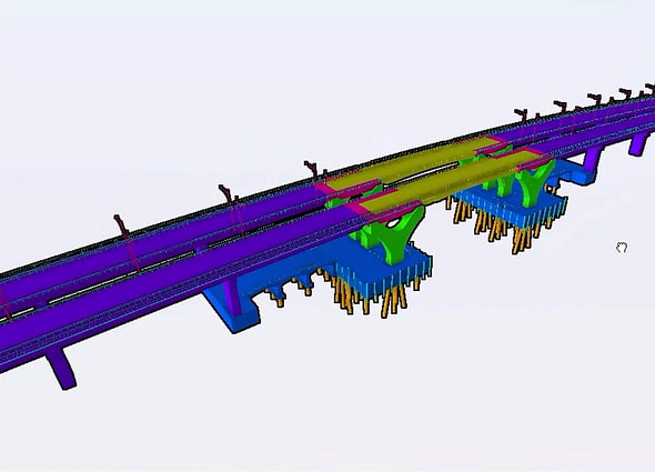 Carbon Analysis multi-colored analytical 3D model of a highway bridge structure, classifying materials and components for carbon footprint evaluation.