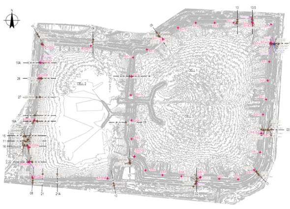 An engineering contour site plan of a multi-cell industrial waste facility in eagle.io showing the spatial distribution of geotechnical and water monitoring sensor locations.
