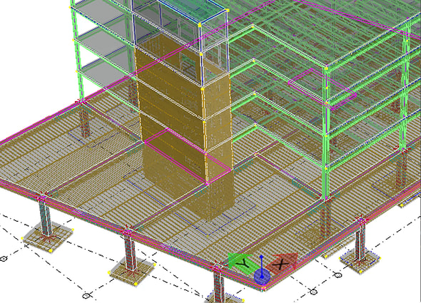 A 3D physical and analytical structural model of parallel pedestrian canopy walkways with steel trusses and pier supports, visualized in iTwin Analytical Synchronizer.