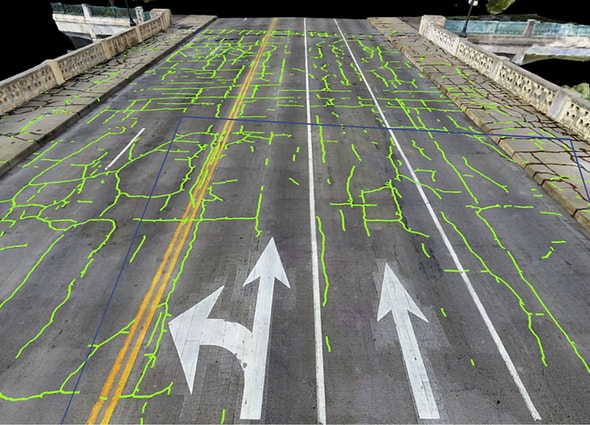 AI-powered crack detection on a 3D reality model of a road processed by iTwin Capture Cloud Services