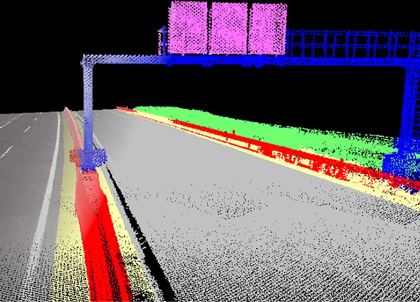 A classified point cloud of a highway in iTwin Capture WorkSuite, with assets like signs and guardrails highlighted in different colors.