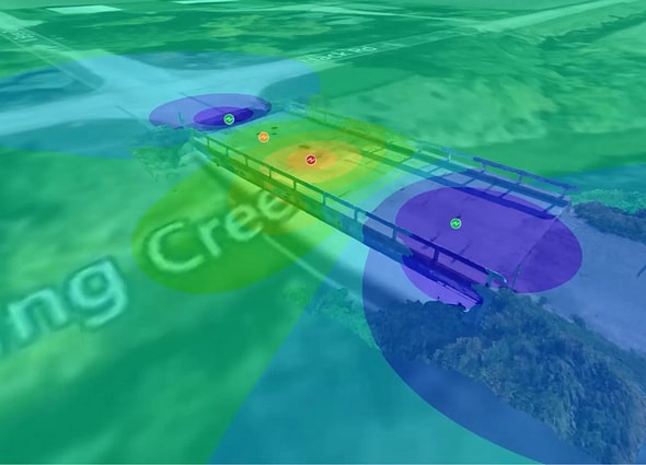 A comprehensive 3D digital twin model of an urban landscape and transportation network rendered in the iTwin Experience visualization platform.