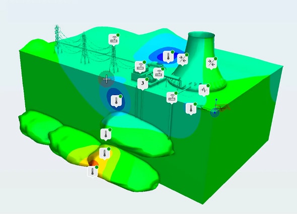 Digital twin of a power plant in iTwin IoT visualizing real-time subsurface and asset performance data from IoT sensors.