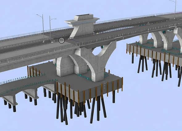 A complete 3D structural model of a concrete bridge pier foundation crossing in iTwin Synchronizer, displaying vertical column supports, pile caps, and vertical foundation piles.