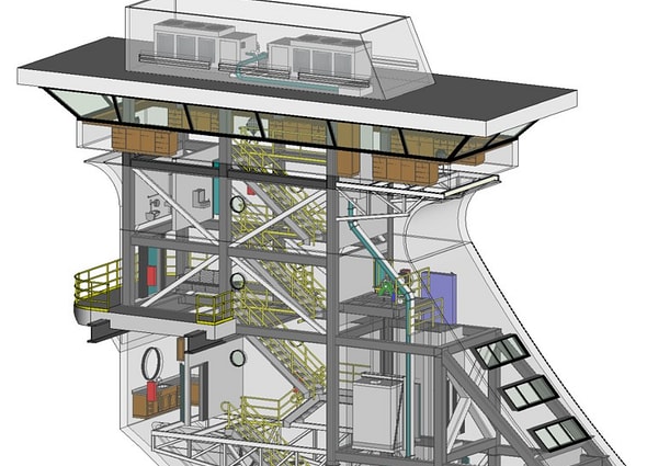 MicroStation interface showing a 3D model of a control tower.