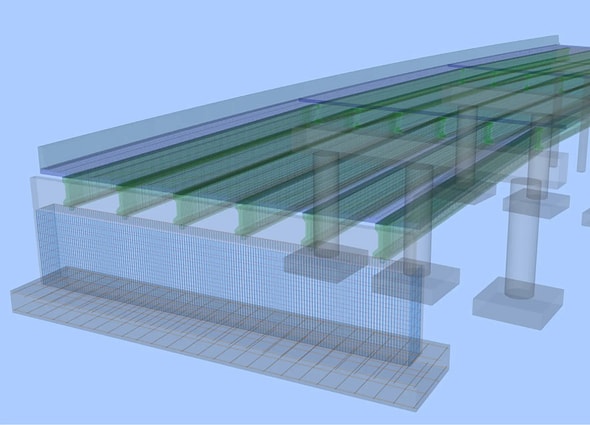 Detailed 3D analytical model of a bridge showing internal rebar and structural components