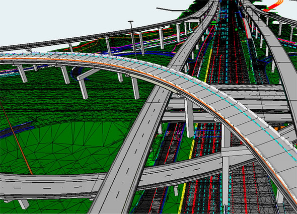 3D model of a complex highway interchange with multiple overlapping bridges, created in OpenBridge Modeler
