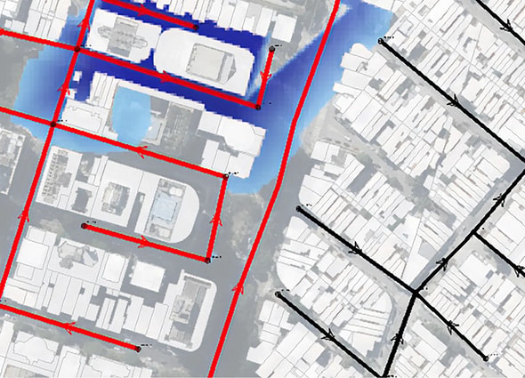 Urban stormwater analysis in OpenFlows Storm showing a flood simulation and network capacity.