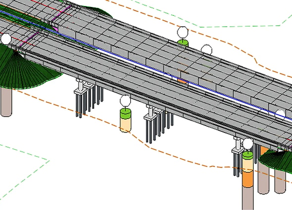 3D bridge model in OpenGround, showing the integration of subsurface geotechnical data with the infrastructure design.