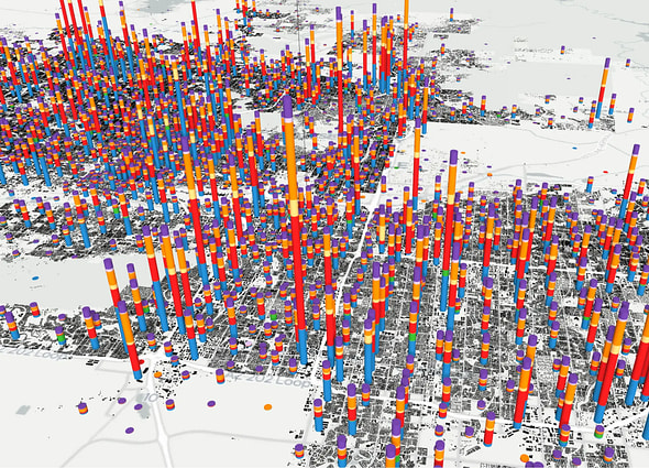 A 3D spatial prism map visualization in OpenPaths, showing a municipal road grid with hundreds of colorful segmented vertical bar charts representing traffic volumes, commute times, or transit modal splits across different zones.