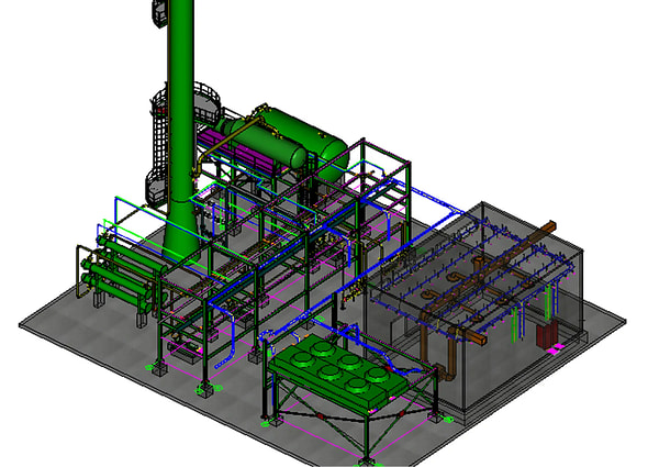 Intelligent 3D model of a process plant unit, including piping and equipment, designed in OpenPlant Modeler.