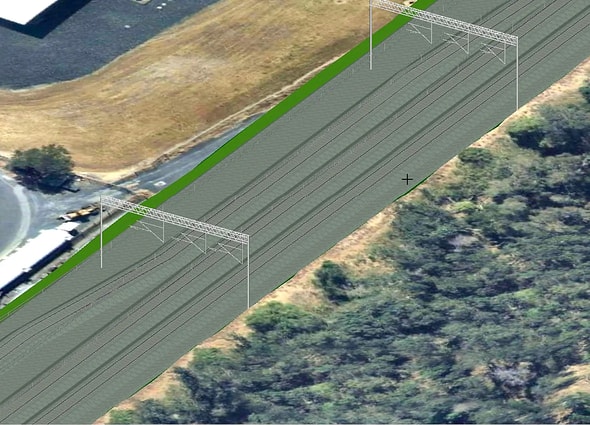 Conceptual rail design created in OpenRail ConceptStation and visualized in a real-world context.