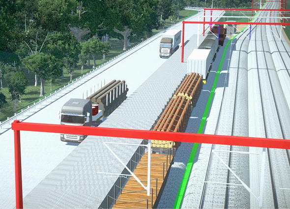 3D railway logistics terminal and track layout design in OpenRail Designer, displaying a freight train carrying timber, red gantry portals, and transport trucks.