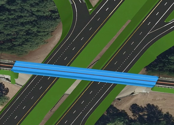 Conceptual road and bridge design created in OpenRoads ConceptStation and visualized in a real-world context.