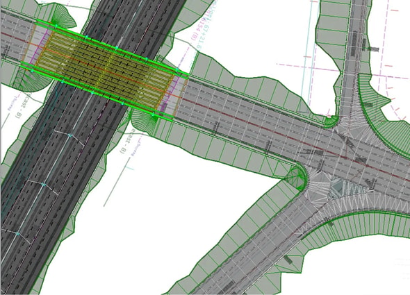 Detailed 2D design plan of a highway overpass and intersection created in OpenRoads Designer