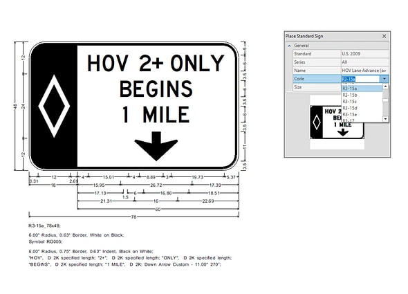 Dimensioned, fabrication-ready drawing of an HOV traffic sign designed in OpenRoads SignCAD.