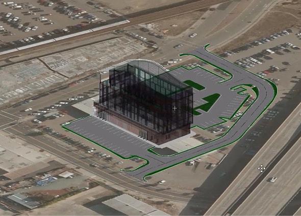 A 3D conceptual site model of a commercial development featuring parking lot layouts, building pads, and grading visualization in OpenSite Designer.