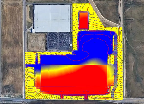 A modern, high-level conceptual site design model highlighting dynamic terrain grading and site feasibility layouts in OpenSite+.