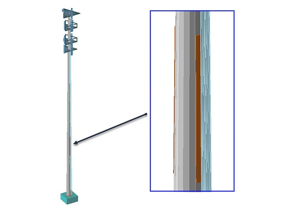 A 3D monopole telecommunications structure in OpenTower Designer, featuring a zoomed-in blue frame highlighting the orange antenna mounting plates.