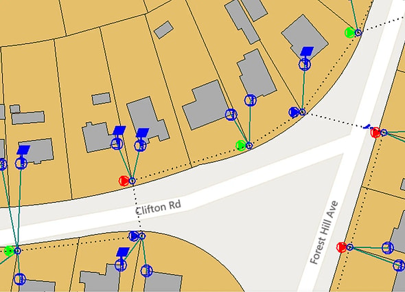 Map of a utility network in OpenUtilities Map, showing service connections to individual properties.