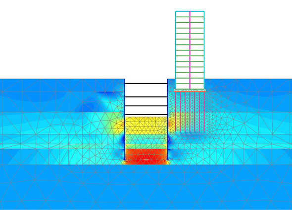 A detailed 2D finite element geotechnical analysis model showcasing soil-structure interaction, excavation support systems, and displacement vectors created in PLAXIS 2D.