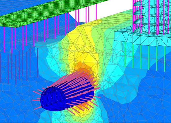A complex 3D finite element geotechnical model depicting deep foundation systems, pile layouts, and surrounding soil deformation analysis in PLAXIS 3D.