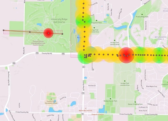 PLS-GRID web interface  displaying overhead line projects with a usage heat map to visualize structural utilization along the network