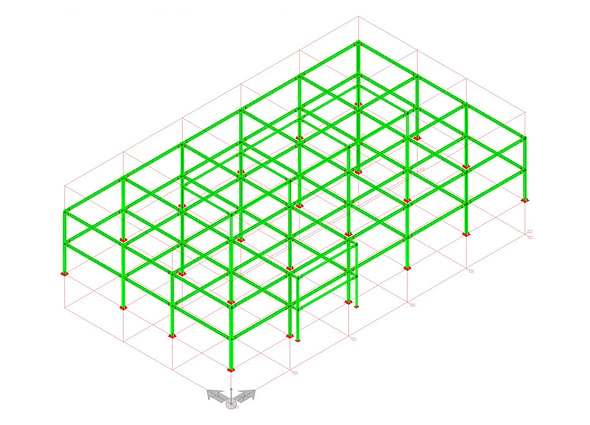 A detailed 3D model of a structural steel building frame created in ProSteel.
