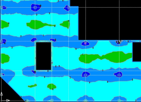 A color-coded concrete floor plate deflection and design status contour plot featuring blue, cyan, and green zones in RAM Concept, highlighting structural engineering slab design optimization.