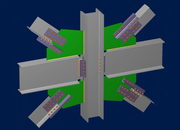 An advanced 3D steel structural joint assembly model featuring an H-column, multiple beams, green gusset plates, and bolted connections in RAM Connection, depicting complex steel structural connection design.