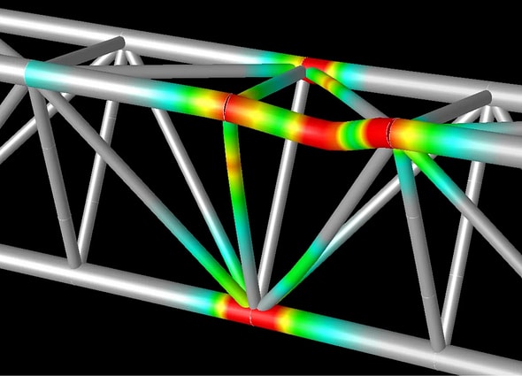 Analysis of an offshore structure showing buckling and a stress heat map on members using SACS Collapse