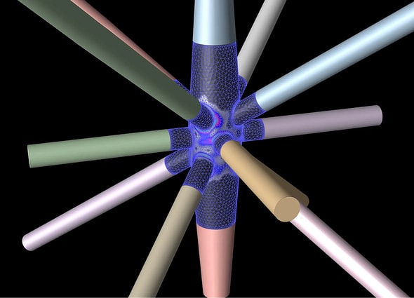 Finite element analysis of a complex offshore tubular joint showing detailed mesh and stress contours