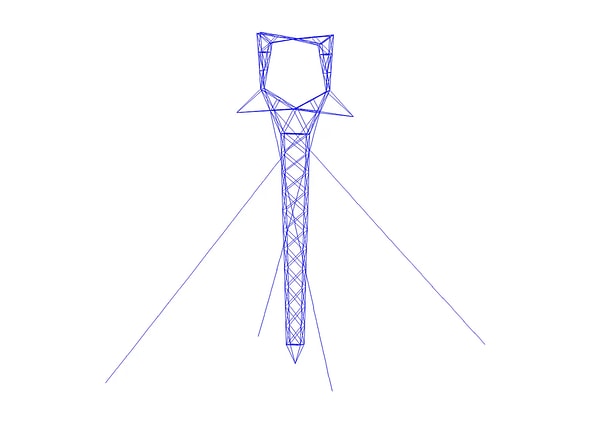 A detailed blue wireframe model of a single steel lattice transmission tower structure on a white background in SAPS, illustrating transmission tower engineering.