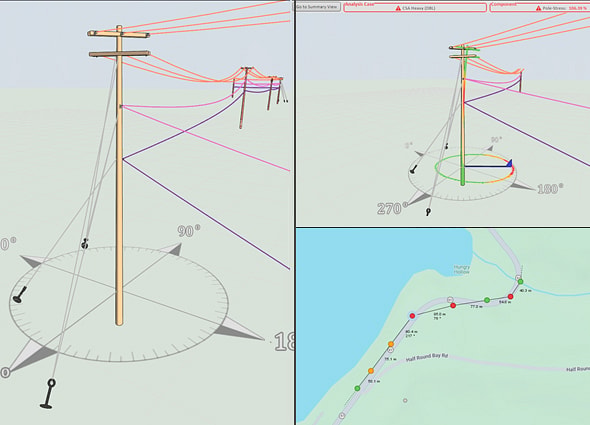 3D interactive view in SPIDAcalc showing connected utility poles lines