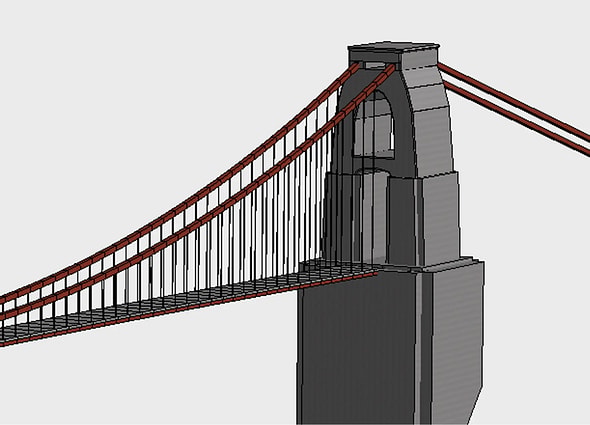 3D structural model of a large two-tower suspension bridge, created in STAAD.Pro