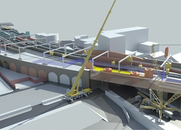 4D construction model in SYNCHRO showing cranes installing a new bridge section over a railway