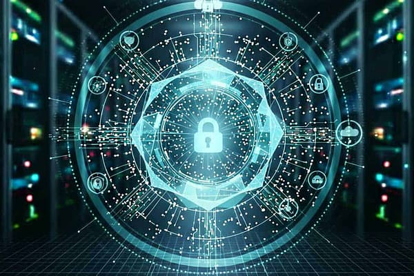 Futuristic server room with a glowing digital cybersecurity shield and central padlock, surrounded by network nodes, icons, and blue data lines.