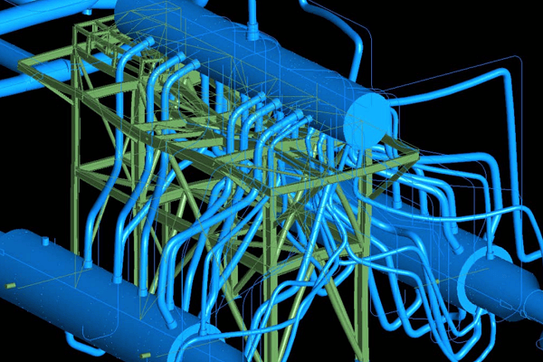 3D CAD model of an industrial pipe network: blue pipes and tanks weave through a green steel framework against a black background.