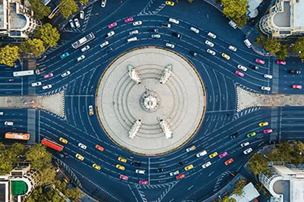 Aerial image of a roadway system within a city