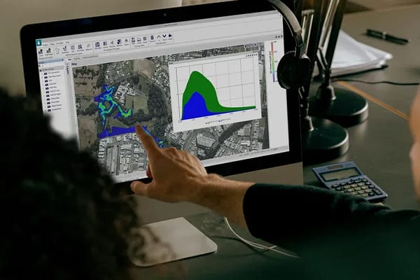 Person points to a screen on computer showing software user interface