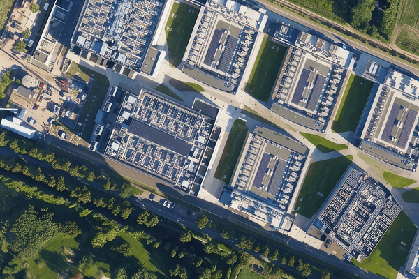 High-angle aerial view of a modern data center campus, demonstrating advanced technological infrastructure, secure digital operations, and efficient facilities site planning.